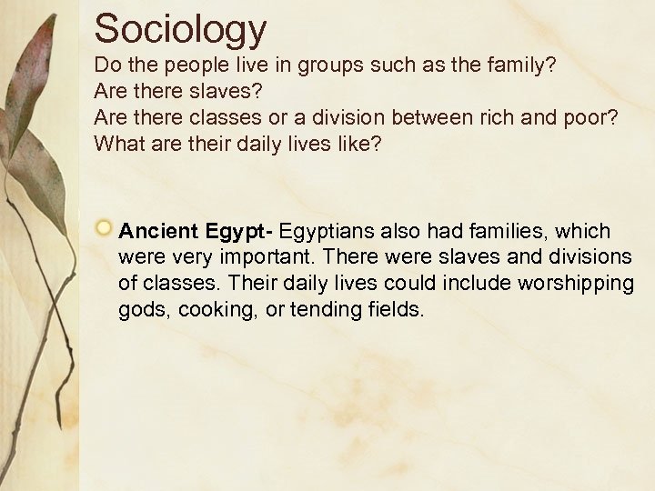 Sociology Do the people live in groups such as the family? Are there slaves?