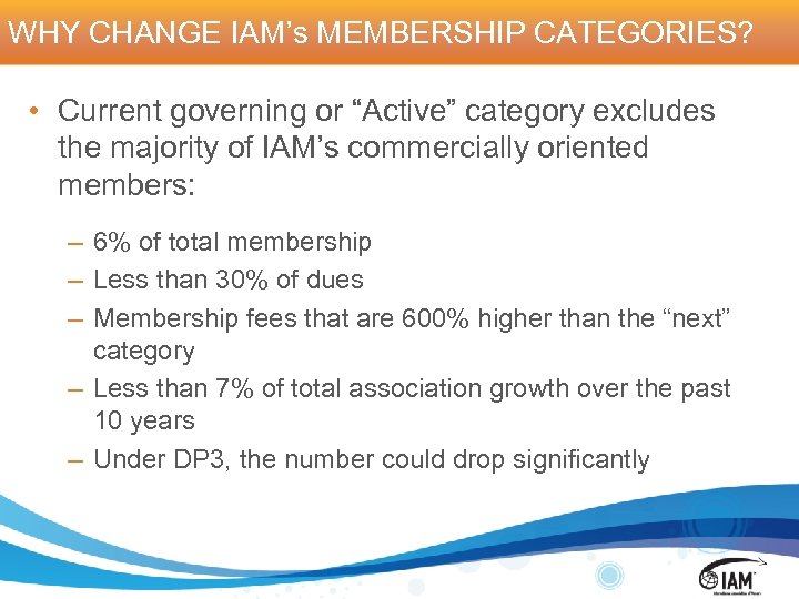 WHY CHANGE IAM’s MEMBERSHIP CATEGORIES? • Current governing or “Active” category excludes the majority