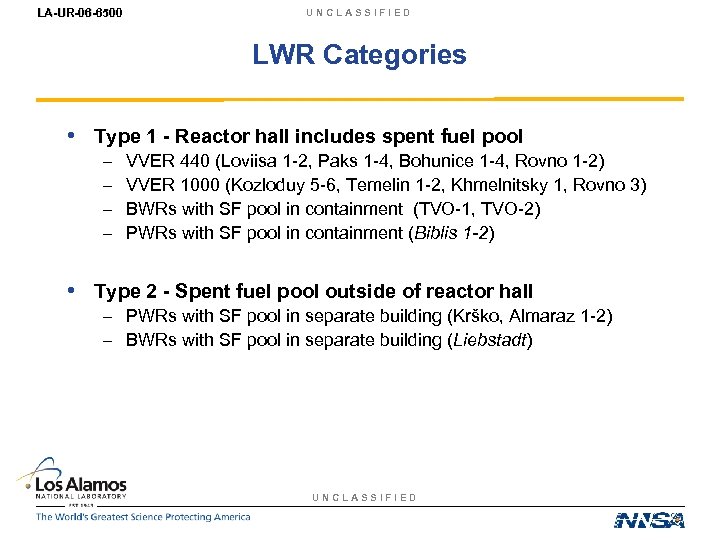 LA-UR-06 -6500 UNCLASSIFIED LWR Categories • Type 1 - Reactor hall includes spent fuel