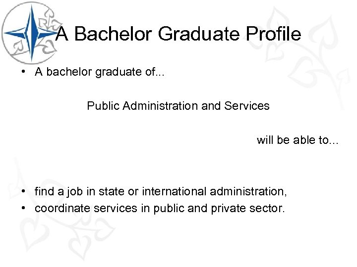 A Bachelor Graduate Profile • A bachelor graduate of. . . Public Administration and