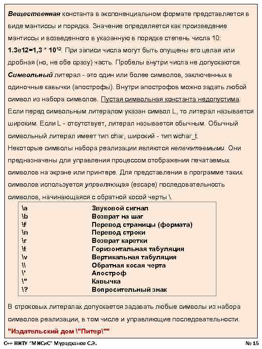 Вещественная константа в экспоненциальном формате представляется в виде мантиссы и порядка. Значение определяется как