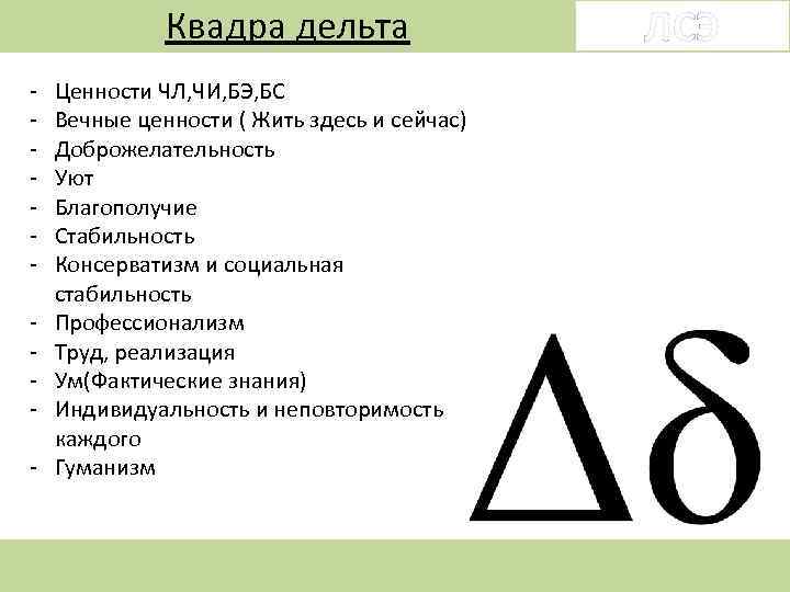 Квадра дельта - Ценности ЧЛ, ЧИ, БЭ, БС Вечные ценности ( Жить здесь и