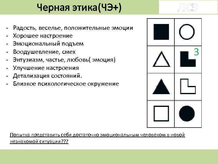 Черная этика(ЧЭ+) - ЛСЭ Радость, веселье, положительные эмоции Хорошее настроение Эмоциональный подъем Воодушевление, смех