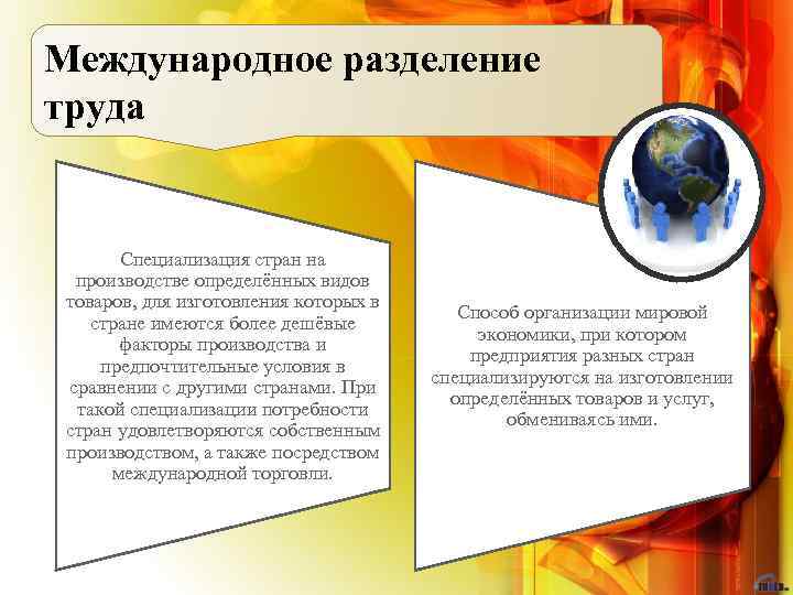 Международное разделение труда Специализация стран на производстве определённых видов товаров, для изготовления которых в