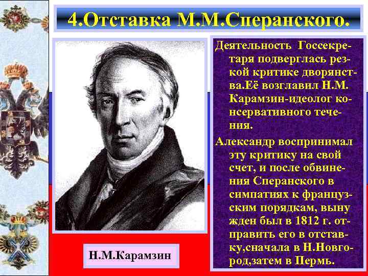 4. Отставка М. М. Сперанского. Н. М. Карамзин Деятельность Госсекретаря подверглась резкой критике дворянства.