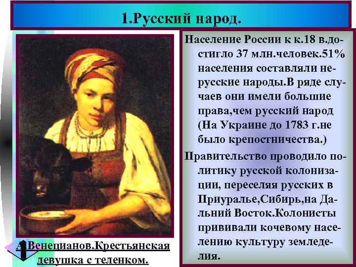 1. Русский народ. А. Венецианов. Крестьянская девушка с теленком. Меню Население России к к.