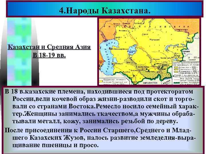 4. Народы Казахстана. Меню Казахстан и Средняя Азия В 18 -19 вв. В 18