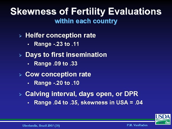 Skewness of Fertility Evaluations within each country Ø Heifer conception rate • Ø Days