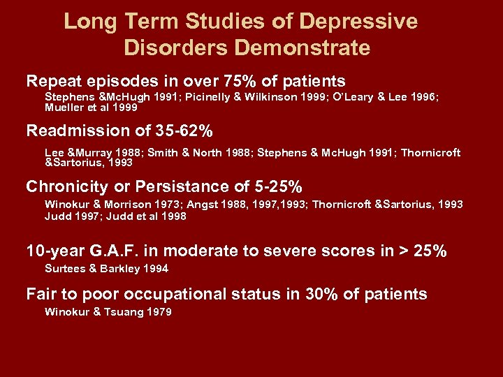 Long Term Studies of Depressive Disorders Demonstrate Repeat episodes in over 75% of patients