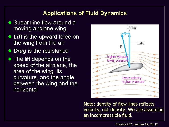 Applications of Fluid Dynamics l Streamline flow around a moving airplane wing l Lift