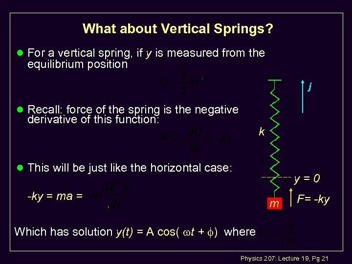 What about Vertical Springs? l For a vertical spring, if y is measured from