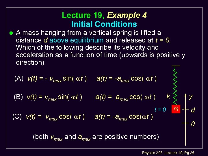 Lecture 19, Example 4 Initial Conditions l A mass hanging from a vertical spring