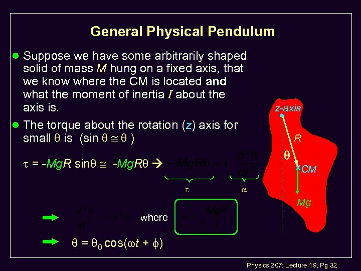 General Physical Pendulum l Suppose we have some arbitrarily shaped solid of mass M