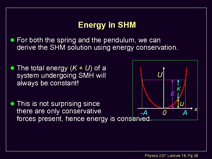 Energy in SHM l For both the spring and the pendulum, we can derive