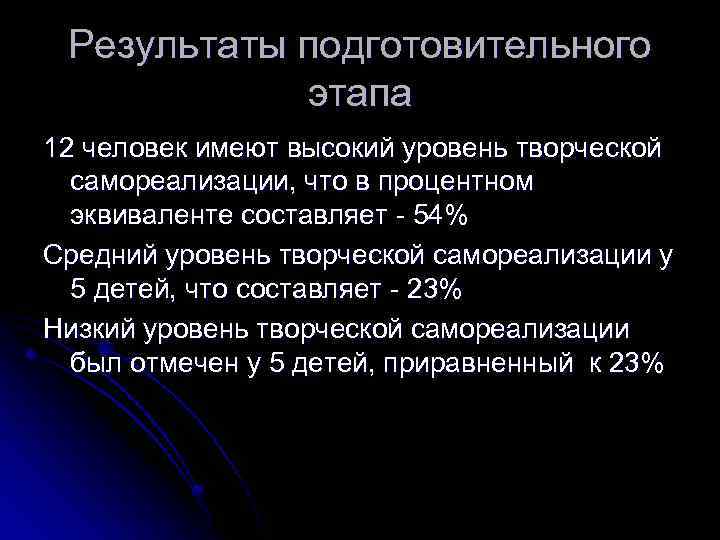 Результаты подготовительного этапа 12 человек имеют высокий уровень творческой самореализации, что в процентном эквиваленте