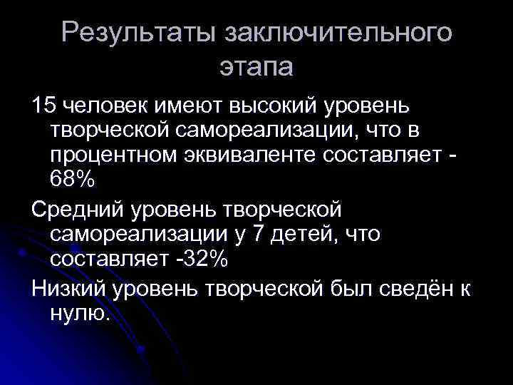 Результаты заключительного этапа 15 человек имеют высокий уровень творческой самореализации, что в процентном эквиваленте