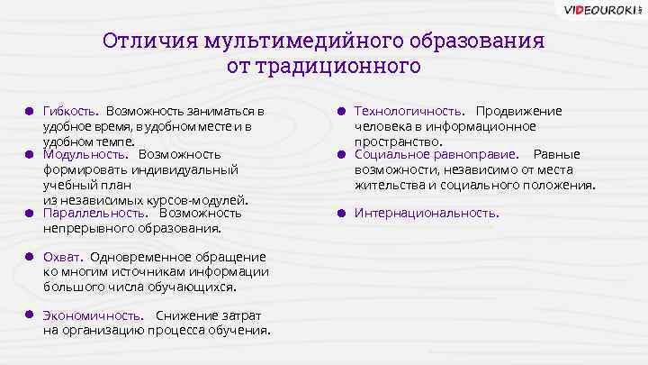 Отличия мультимедийного образования от традиционного Гибкость. Возможность заниматься в удобное время, в удобном месте