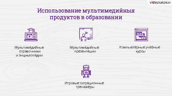 Использование мультимедийных продуктов в образовании Мультимедийные справочники и энциклопедии Мультимедийные презентации Игровые ситуационные тренажёры