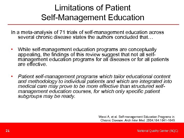 Limitations of Patient Self-Management Education In a meta-analysis of 71 trials of self-management education