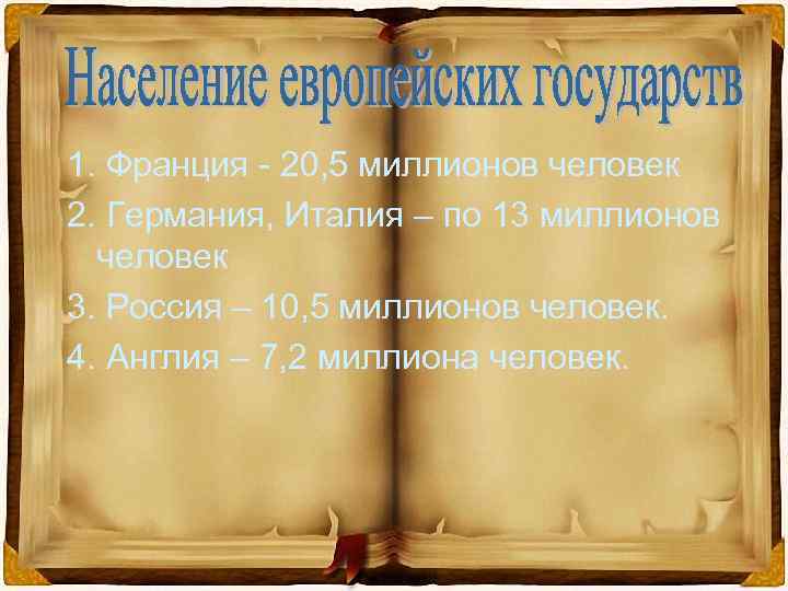 1. Франция - 20, 5 миллионов человек 2. Германия, Италия – по 13 миллионов