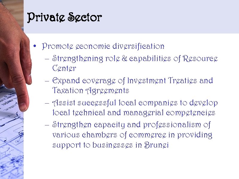 Private Sector • Promote economic diversification – Strengthening role & capabilities of Resource Center