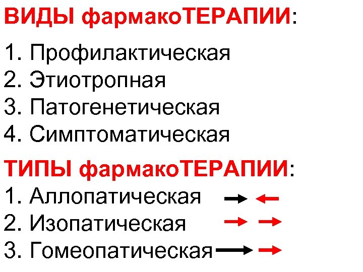 ВИДЫ фармако. ТЕРАПИИ: 1. Профилактическая 2. Этиотропная 3. Патогенетическая 4. Симптоматическая ТИПЫ фармако. ТЕРАПИИ:
