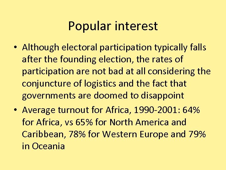 Popular interest • Although electoral participation typically falls after the founding election, the rates