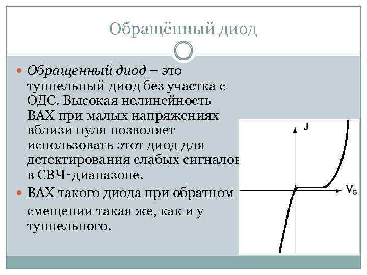 Обращённый диод Обращенный диод – это туннельный диод без участка с ОДС. Высокая нелинейность