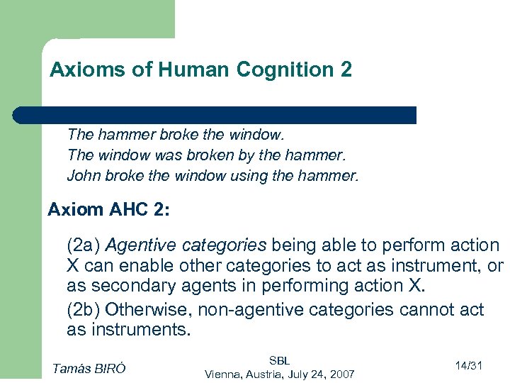 Axioms of Human Cognition 2 The hammer broke the window. The window was broken
