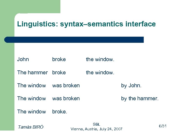 Linguistics: syntax–semantics interface John broke the window. The hammer broke the window. The window