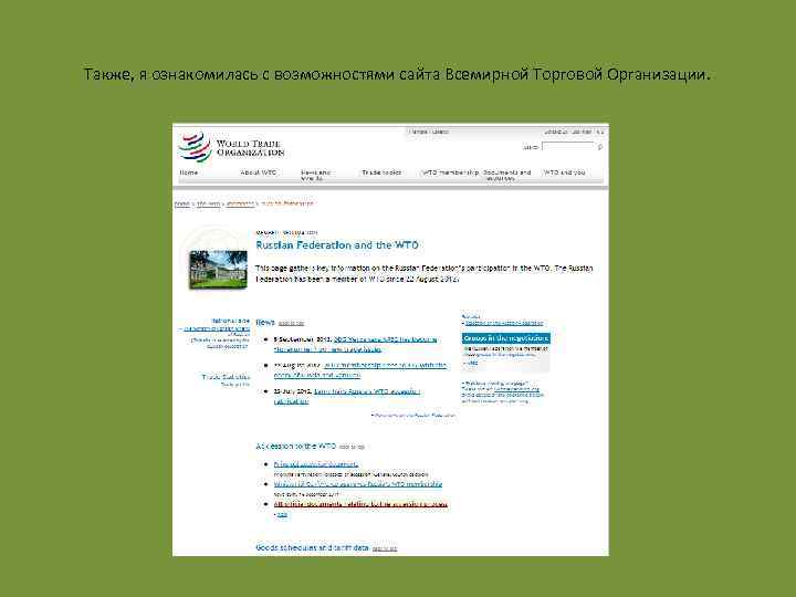 Также, я ознакомилась с возможностями сайта Всемирной Торговой Организации. 