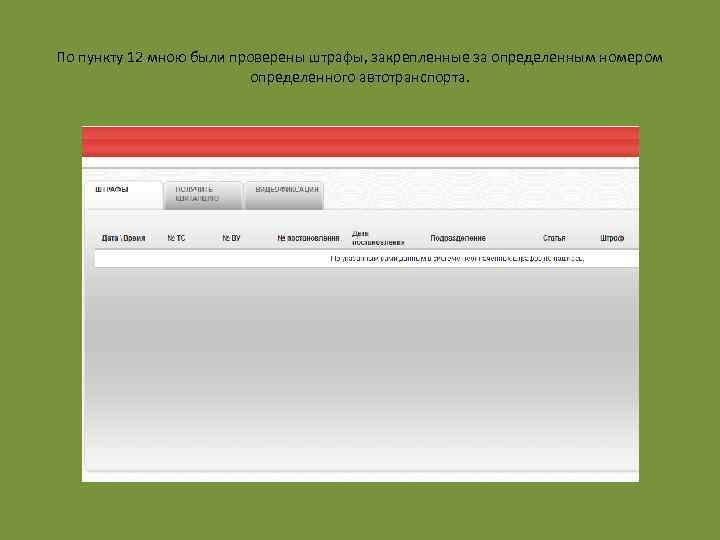 По пункту 12 мною были проверены штрафы, закрепленные за определенным номером определенного автотранспорта. 