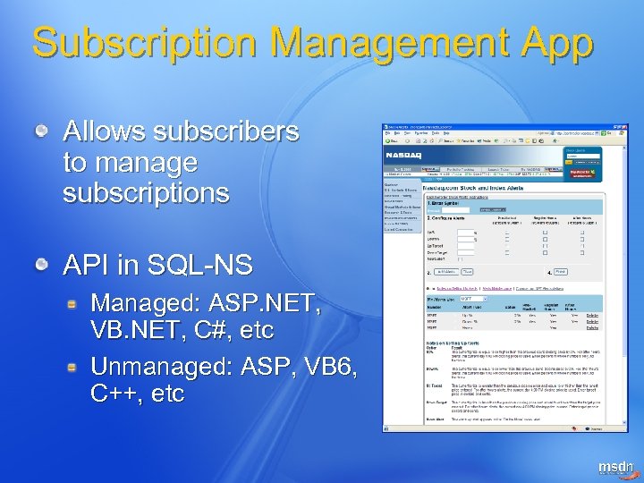 Subscription Management App Allows subscribers to manage subscriptions API in SQL-NS Managed: ASP. NET,