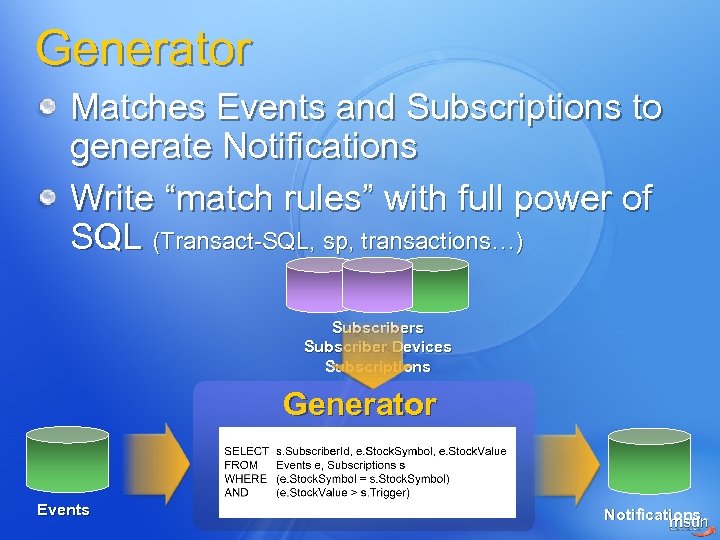 Generator Matches Events and Subscriptions to generate Notifications Write “match rules” with full power