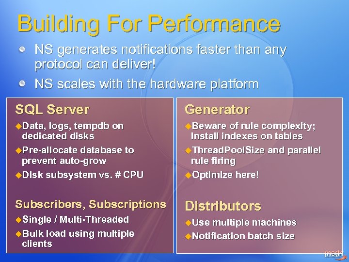 Building For Performance NS generates notifications faster than any protocol can deliver! NS scales