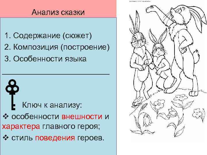 Анализ сказки 1. Содержание (сюжет) 2. Композиция (построение) 3. Особенности языка ____________ Ключ к