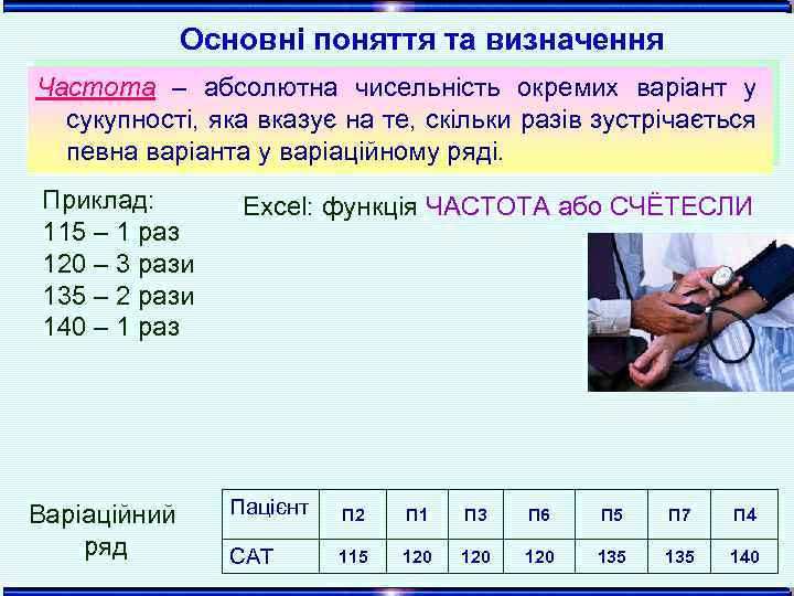 Основні поняття та визначення Частота – абсолютна чисельність окремих варіант у сукупності, яка вказує