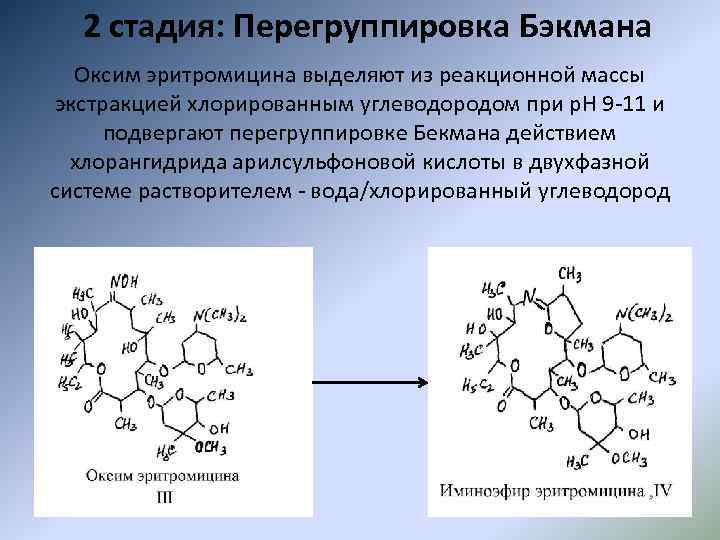2 стадия: Перегруппировка Бэкмана Оксим эритромицина выделяют из реакционной массы экстракцией хлорированным углеводородом при