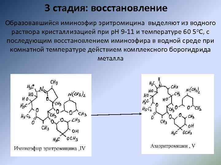 3 стадия: восстановление Образовавшийся иминоэфир эритромицина выделяют из водного раствора кристаллизацией при р. Н