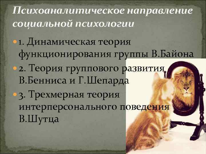 Психоаналитическое направление социальной психологии 1. Динамическая теория функционирования группы В. Байона 2. Теория группового