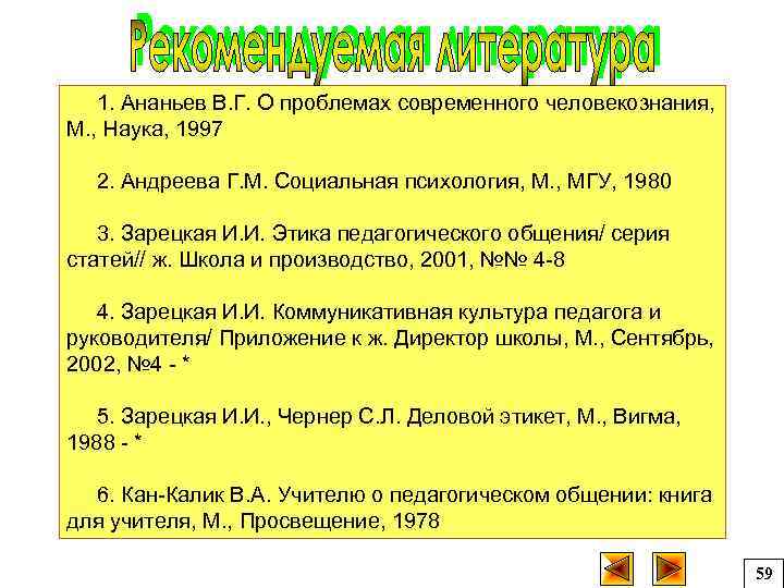 1. Ананьев В. Г. О проблемах современного человекознания, М. , Наука, 1997 2. Андреева