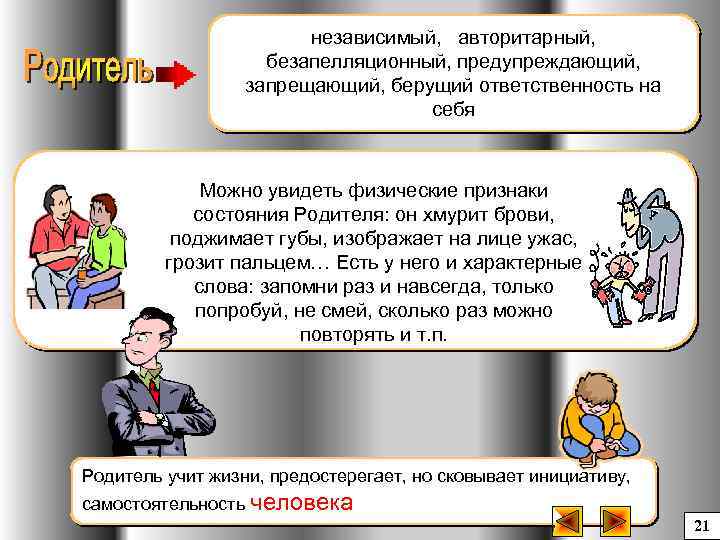 независимый, авторитарный, безапелляционный, предупреждающий, запрещающий, берущий ответственность на себя Можно увидеть физические признаки состояния