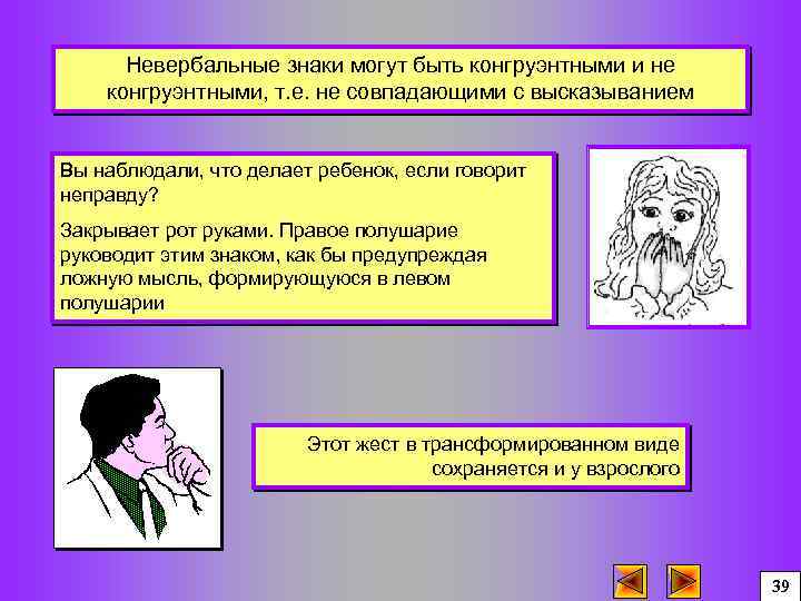 Невербальные знаки могут быть конгруэнтными и не конгруэнтными, т. е. не совпадающими с высказыванием