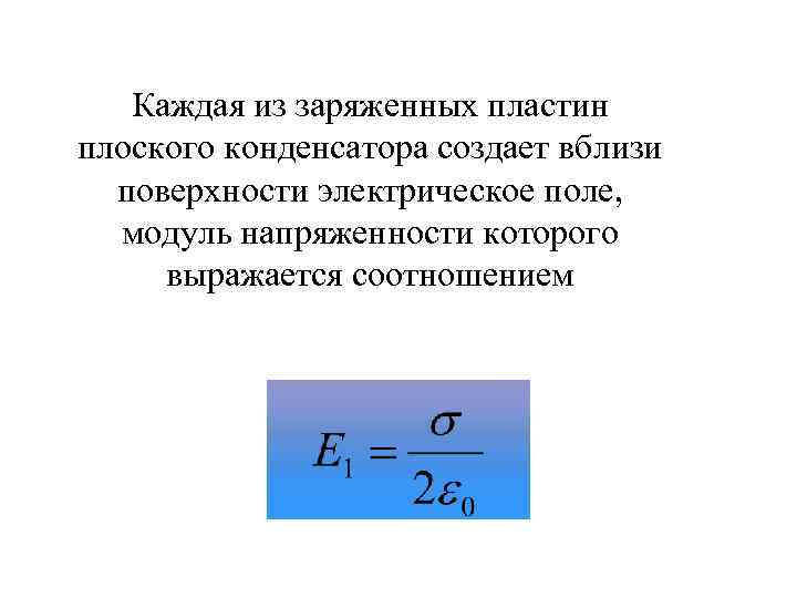 Каждая из заряженных пластин плоского конденсатора создает вблизи поверхности электрическое поле, модуль напряженности которого