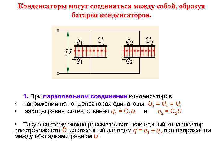 Магнитное поле между обкладками конденсатора. Соединение конденсаторов одноименными обкладками. Потенциал при параллельном соединении. Параллельное соединение конденсаторов. Задачи на соединение конденсаторов.