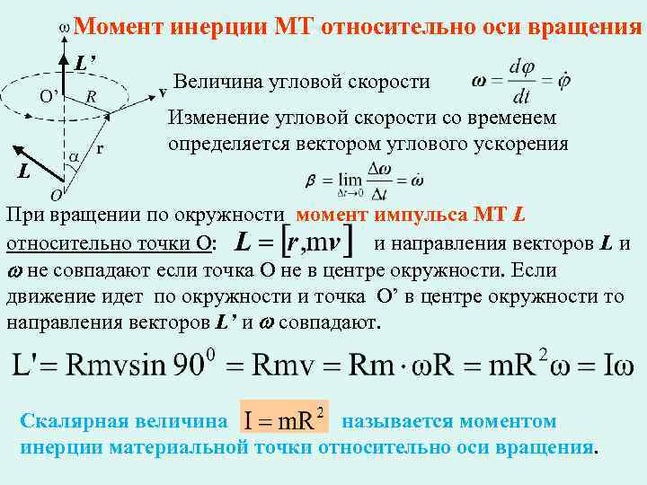 Момент инерции МТ относительно оси вращения L’ O’ Величина угловой скорости Изменение угловой скорости