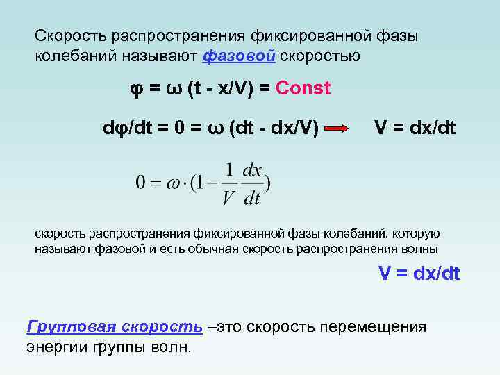 Скорость распространения фиксированной фазы колебаний называют фазовой скоростью φ = ω (t - x/V)