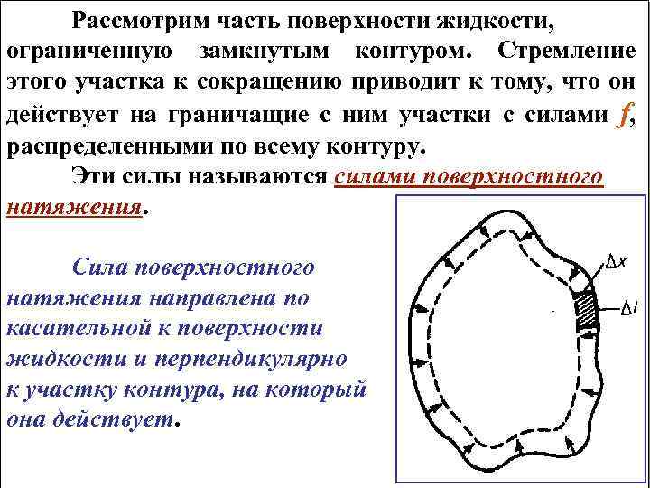 Рассмотрим часть поверхности жидкости, ограниченную замкнутым контуром. Стремление этого участка к сокращению приводит к