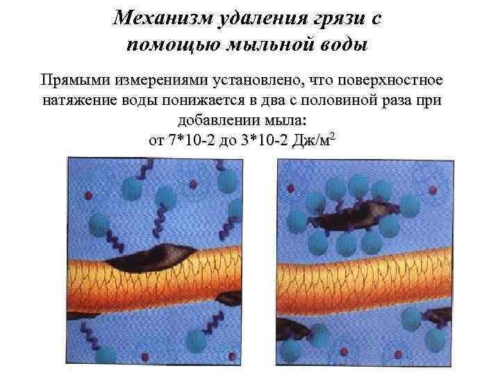 Механизм удаления грязи с помощью мыльной воды Прямыми измерениями установлено, что поверхностное натяжение воды