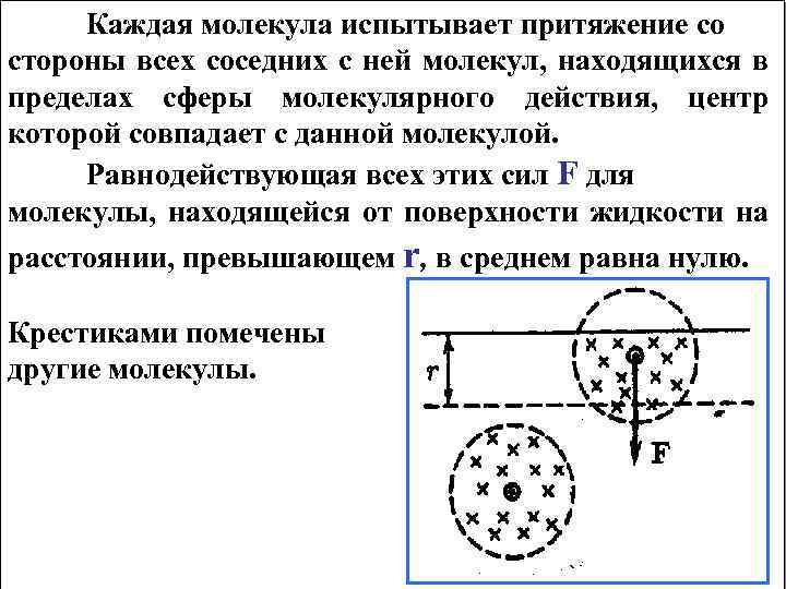 Каждая молекула испытывает притяжение со стороны всех соседних с ней молекул, находящихся в пределах